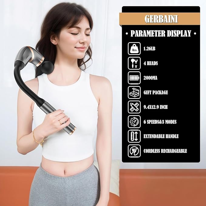 Massage Gun with Extension Handle, Percussion Massage Gun for Pain Relief, Deep Tissue Handheld Muscle Massager for Back, Neck, Shoulder, Legs&Whole Body, Grey